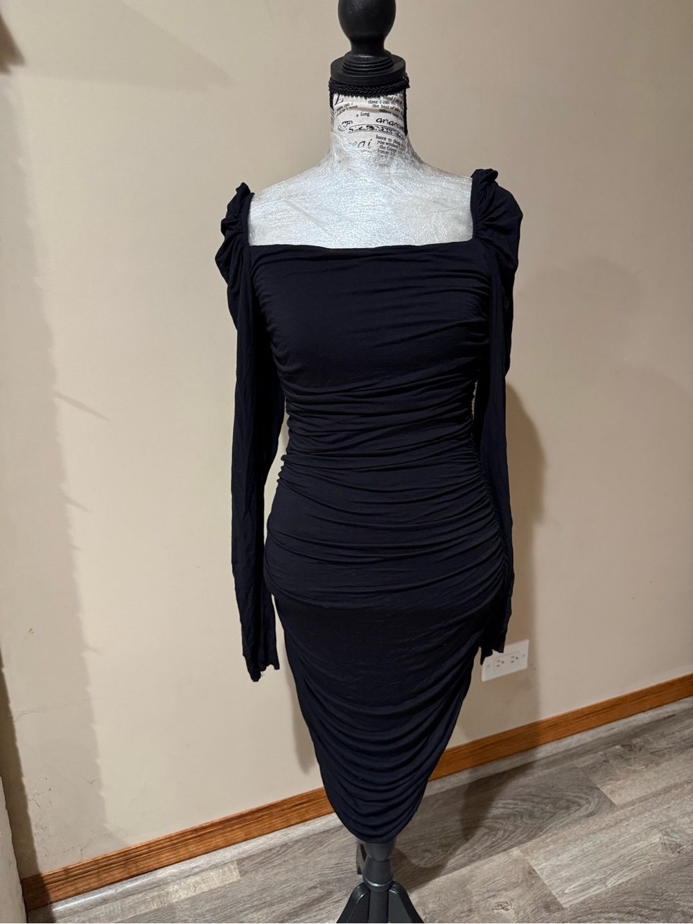 Bailey 44 Black Ruched Long-Sleeve Square Neck Dress